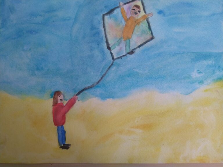 Dibujo de un niño sosteniendo una cometa, comentario del relato En el bote de J.D Salinger